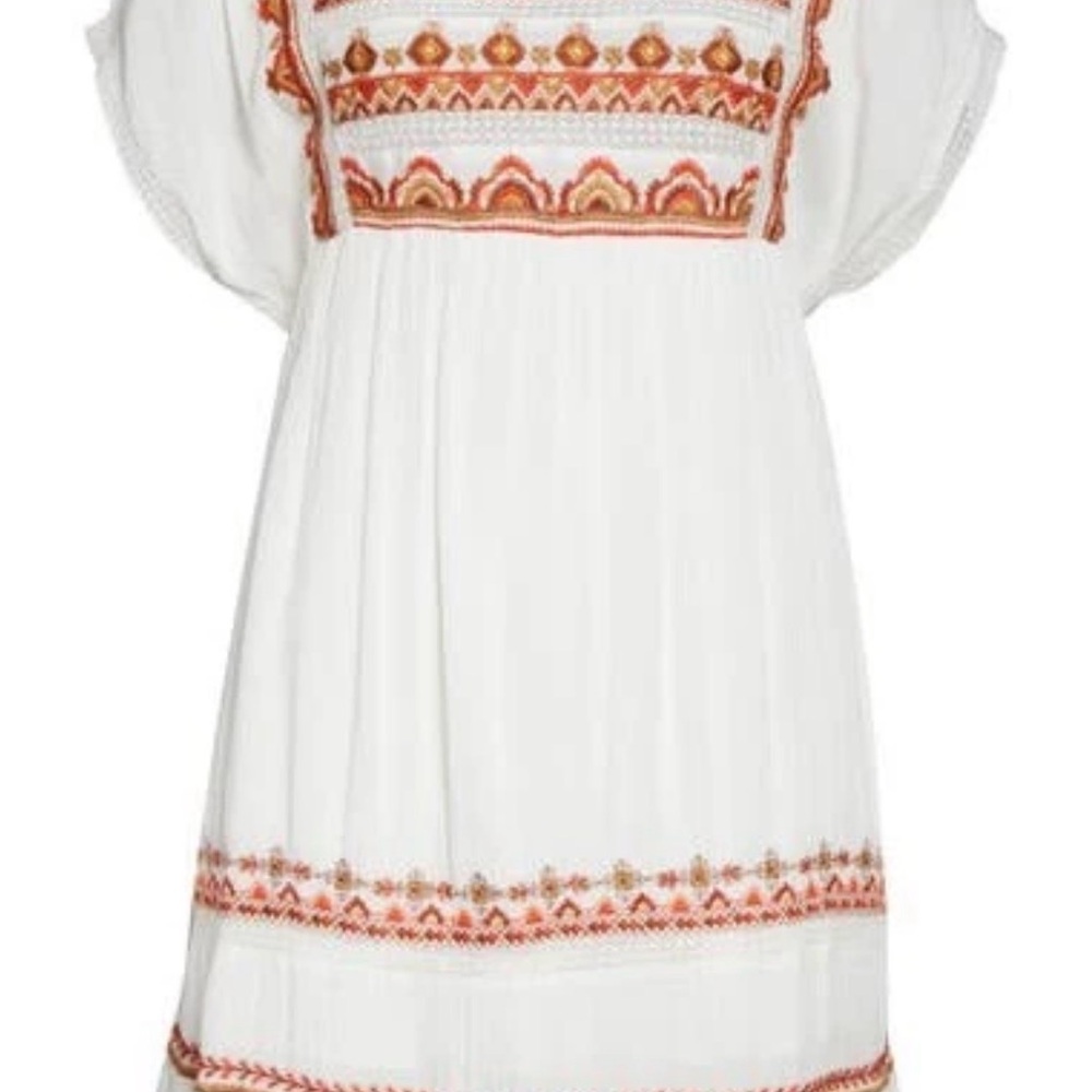 Free People White and Orange Embroidered Mini Dress